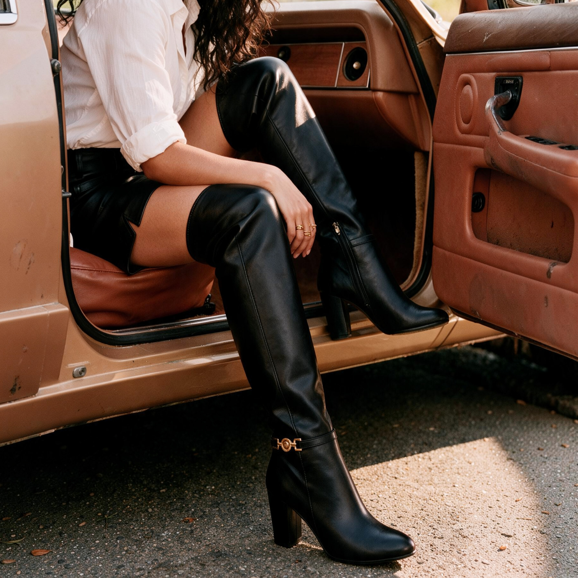 A person seated in an open vehicle doorway wearing black over-the-knee boots with block heels and gold-tone ankle hardware.